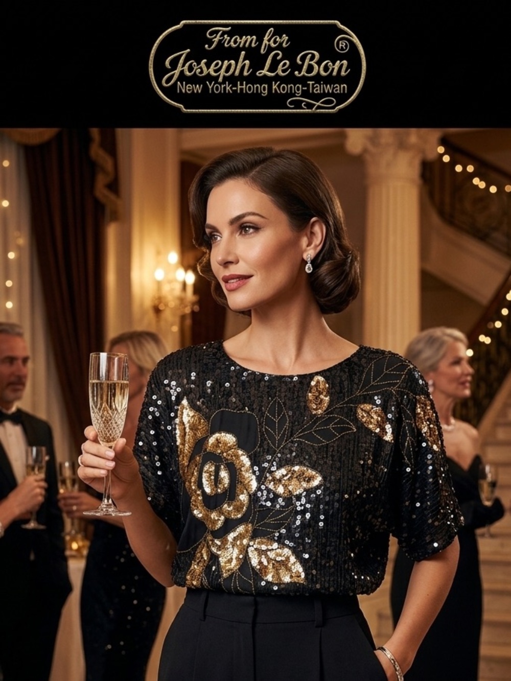 Vintage Joseph le Bon Black and Gold Sequin Floral Evening Top